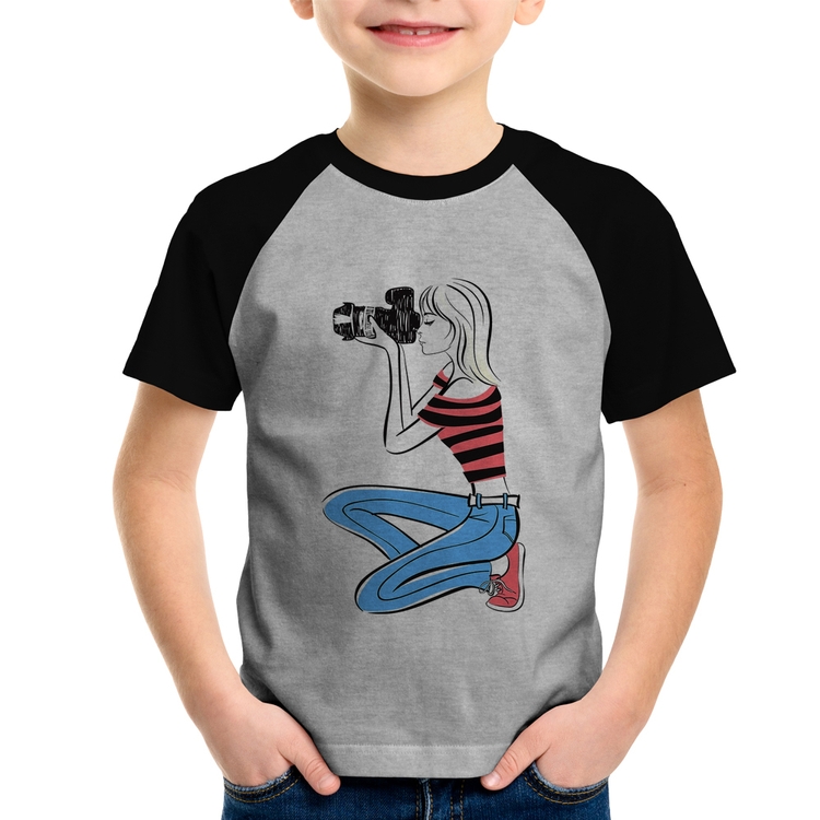 Camiseta Raglan Infantil Fotógrafa Art - Cinza/Preto