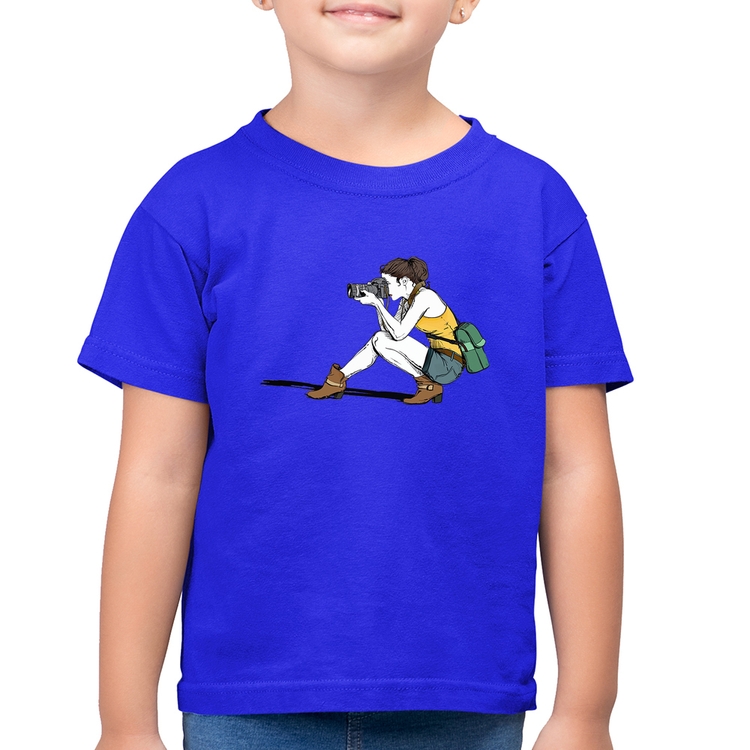 Camiseta Algodão Infantil Fotógrafa Desenho - Azul Royal