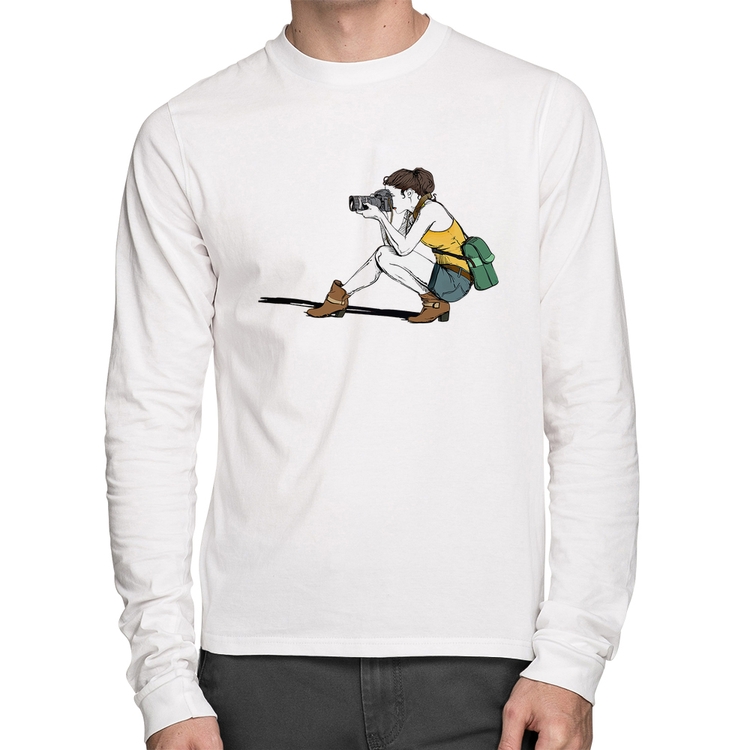 Camiseta Algodão Fotógrafa Desenho Manga Longa - Branca