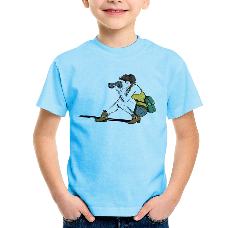 Camiseta Infantil Fotógrafa Desenho - Azul Bebê