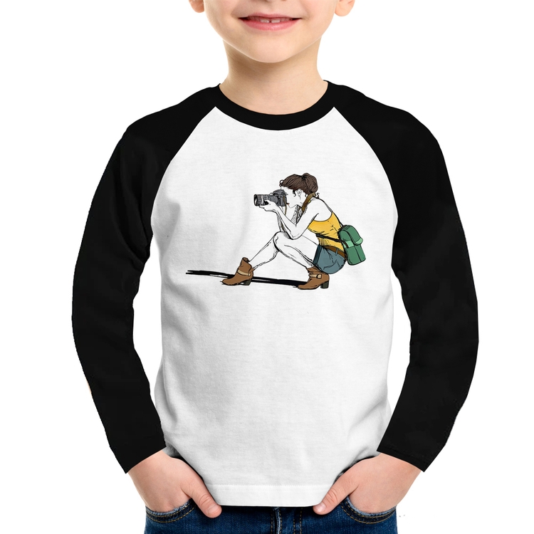 Camiseta Raglan Infantil Fotógrafa Desenho Manga Longa