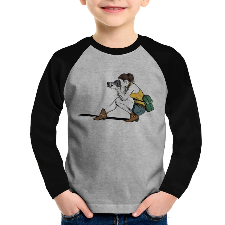 Camiseta Raglan Infantil Fotógrafa Desenho Manga Longa - Cinza/Preto