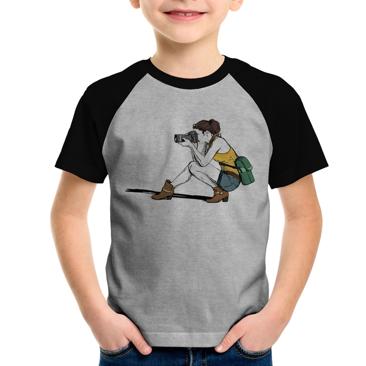 Camiseta Raglan Infantil Fotógrafa Desenho - Cinza/Preto