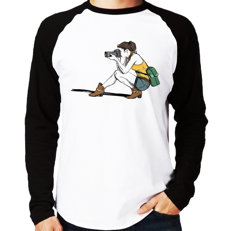 Camiseta Raglan Fotógrafa Desenho Manga Longa