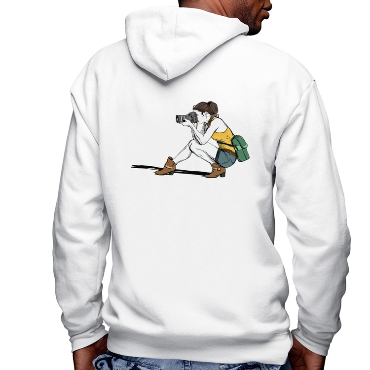 Blusa Moletom Fotógrafa Desenho Masculina com Capuz e Zíper - Branca