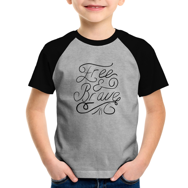 Camiseta Raglan Infantil Free and Brave - Cinza/Preto