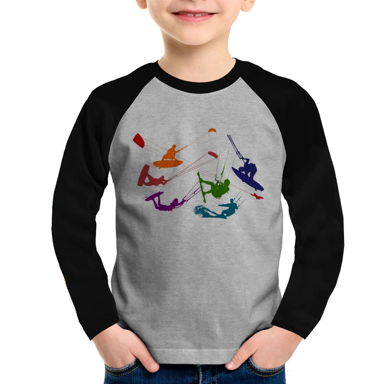 Camiseta Raglan Infantil Kite Surf Freestyle Manga Longa - Cinza/Preto