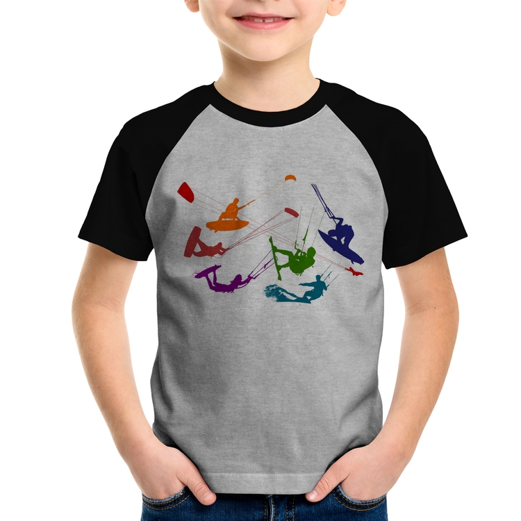 Camiseta Raglan Infantil Kite Surf Freestyle - Cinza/Preto