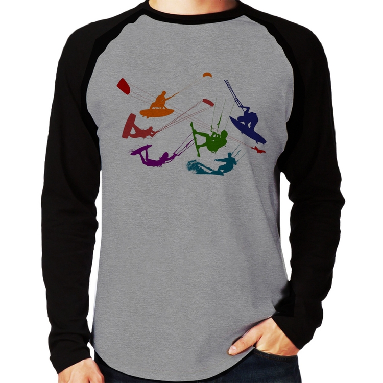 Camiseta Raglan Kite Surf Freestyle Manga Longa - Cinza/Preto