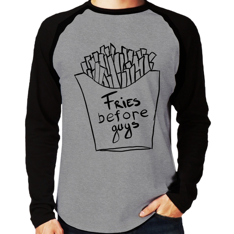 Camiseta Raglan Fries Before Guys Manga Longa - Cinza/Preto