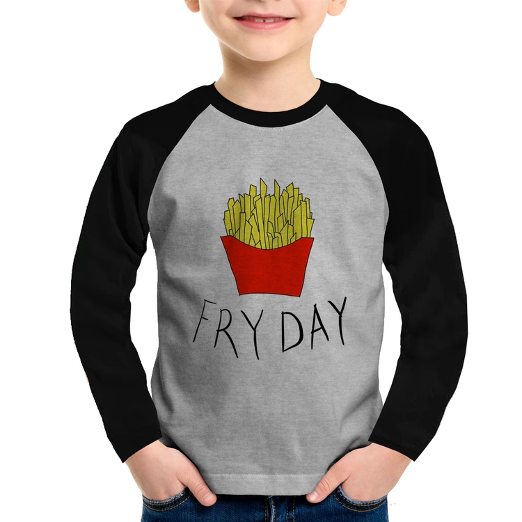 Camiseta Raglan Infantil Fry Day Manga Longa - Cinza/Preto