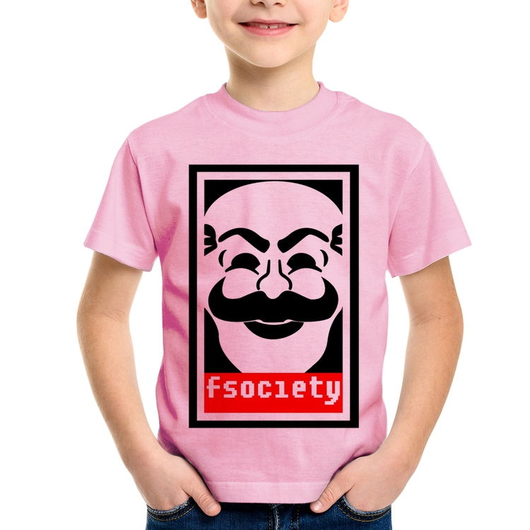 Camiseta Infantil Fsociety - Rosa Bebê