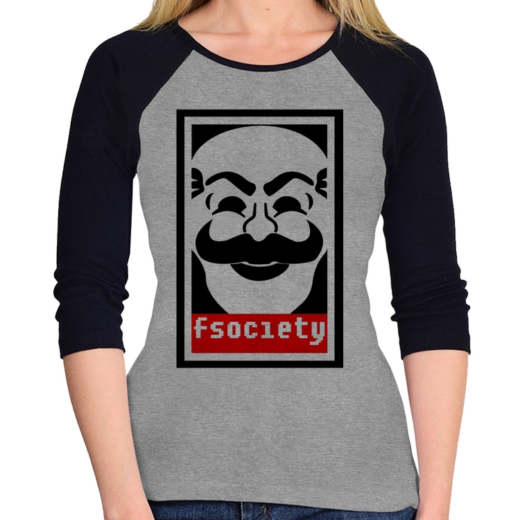Baby Look Raglan Fsociety Manga 3/4 - Cinza/Preto