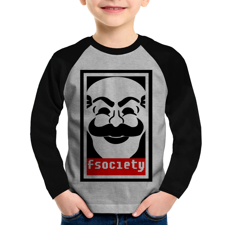 Camiseta Raglan Infantil Fsociety Manga Longa - Cinza/Preto