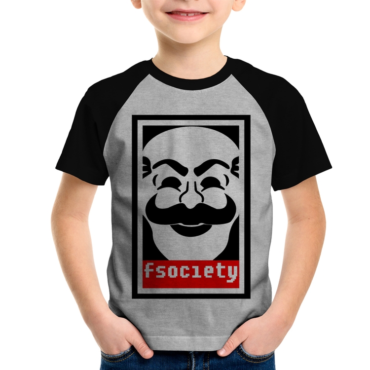 Camiseta Raglan Infantil Fsociety - Cinza/Preto