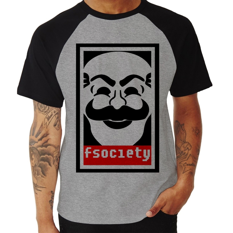 Camiseta Raglan Fsociety - Cinza/Preto