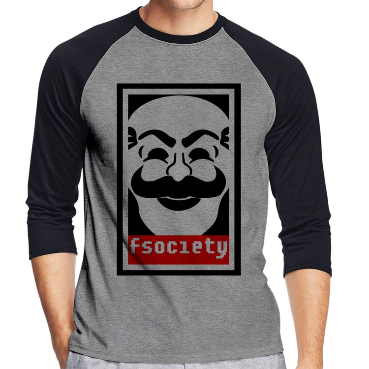 Camiseta Raglan Fsociety Manga 3/4 - Cinza/Preto