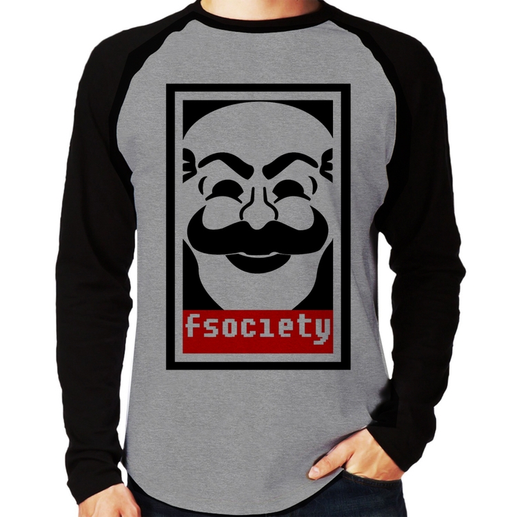 Camiseta Raglan Fsociety Manga Longa - Cinza/Preto