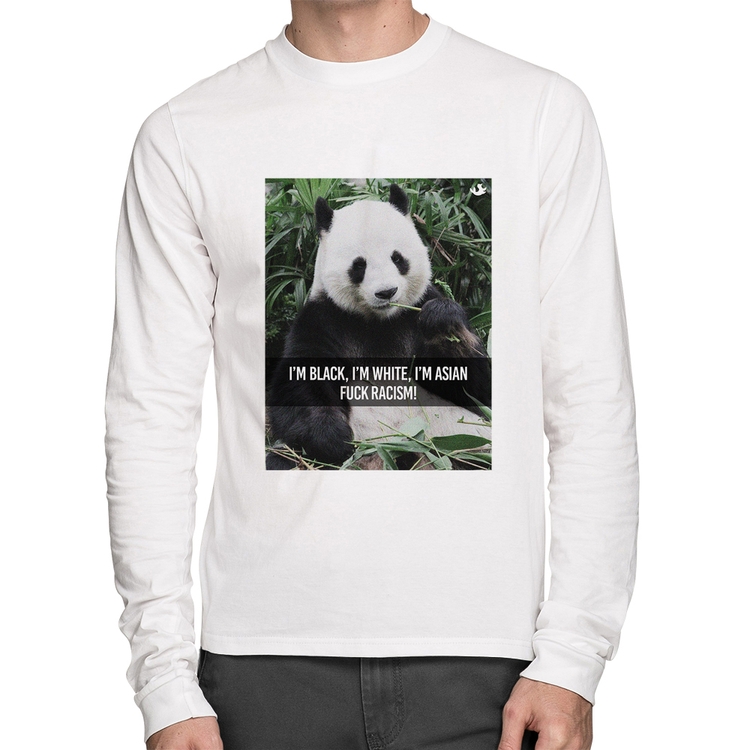 Camiseta Algodão Panda Fuck Racism! Manga Longa - Branca