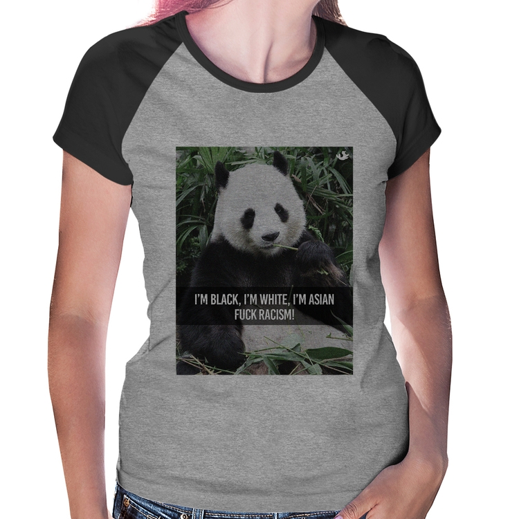 Baby Look Raglan Panda Fuck Racism! - Cinza/Preto