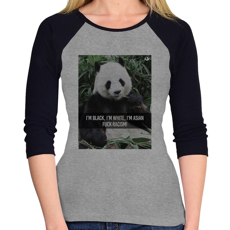 Baby Look Raglan Panda Fuck Racism! Manga 3/4 - Cinza/Preto