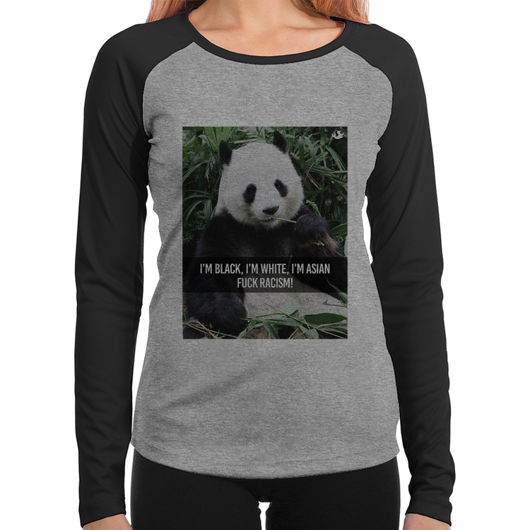 Baby Look Raglan Panda Fuck Racism! Manga Longa - Cinza/Preto