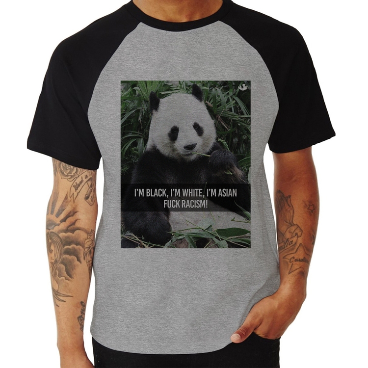 Camiseta Raglan Panda Fuck Racism! - Cinza/Preto
