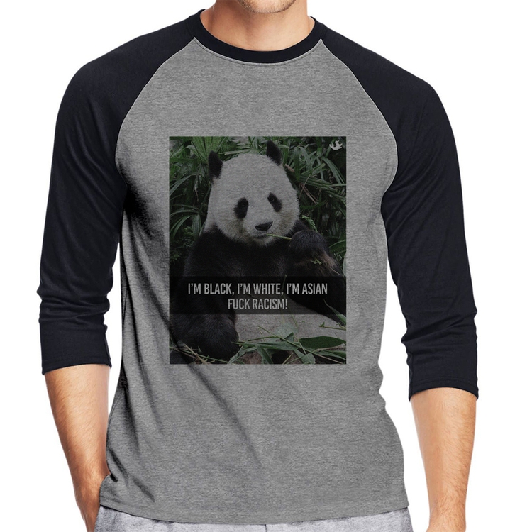 Camiseta Raglan Panda Fuck Racism! Manga 3/4 - Cinza/Preto