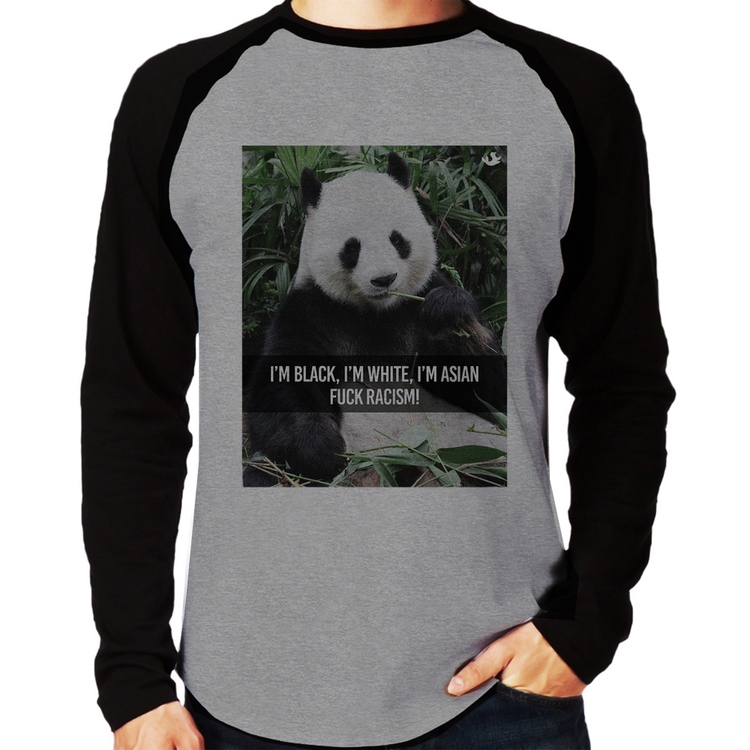 Camiseta Raglan Panda Fuck Racism! Manga Longa - Cinza/Preto