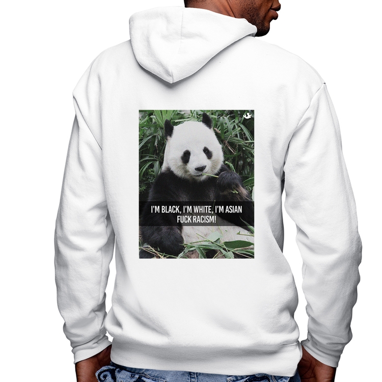 Blusa Moletom Panda Fuck Racism! Masculina com Capuz e Zíper - Branca
