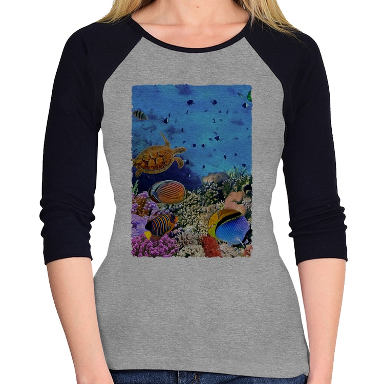 Baby Look Raglan Fundo do Mar Manga 3/4 - Cinza/Preto