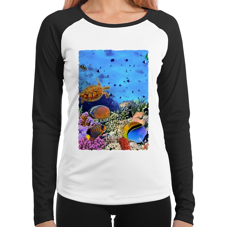 Baby Look Raglan Fundo do Mar Manga Longa