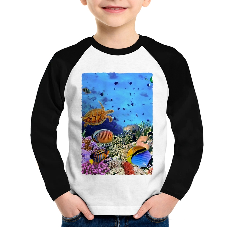Camiseta Raglan Infantil Fundo do Mar Manga Longa