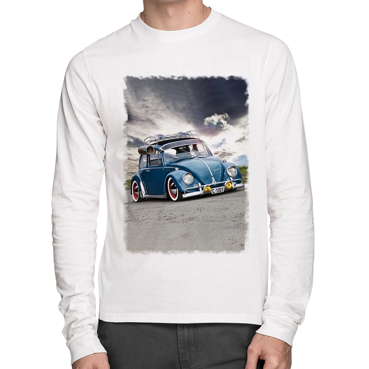 Camiseta Algodão Fusca Retrô Manga Longa - Branca