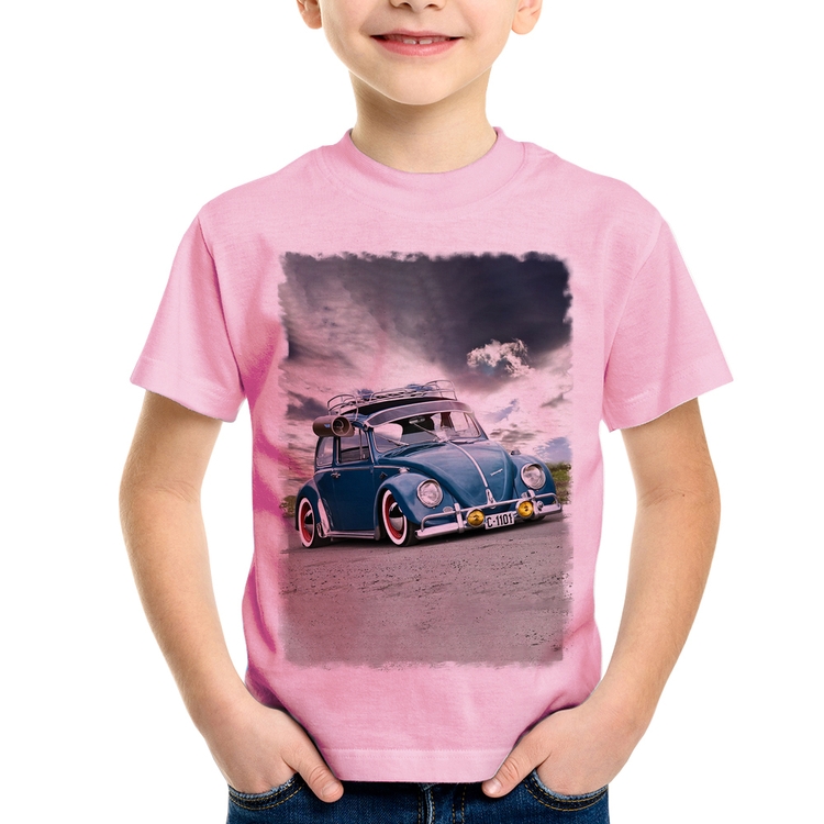 Camiseta Infantil Fusca Retrô - Rosa Bebê