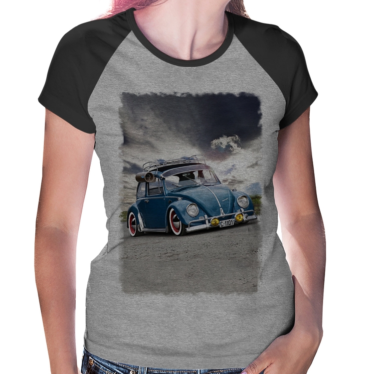 Baby Look Raglan Fusca Retrô - Cinza/Preto