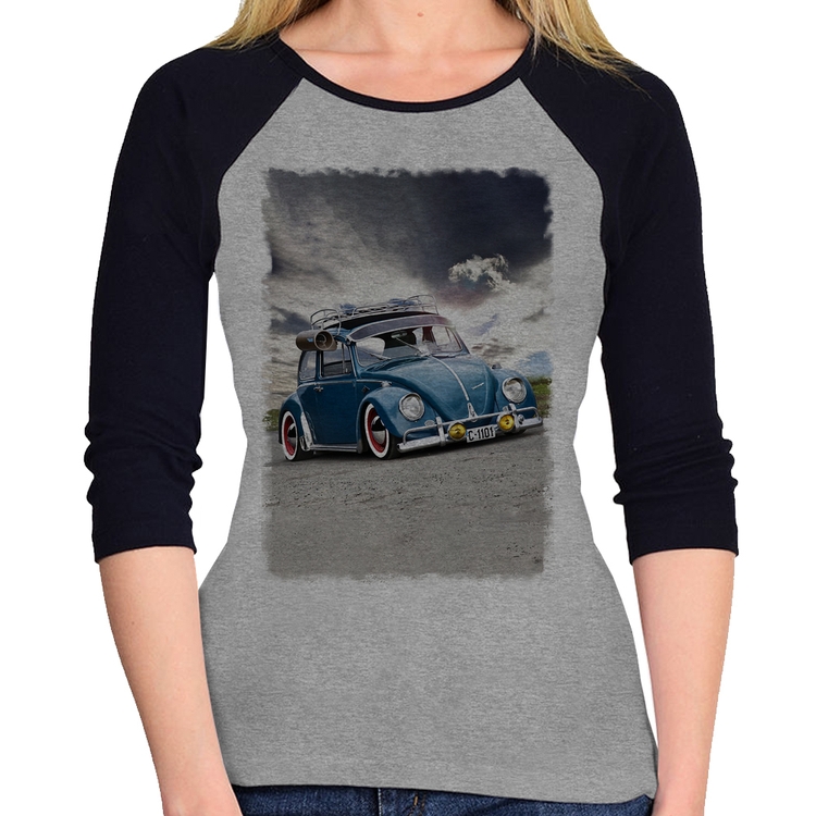 Baby Look Raglan Fusca Retrô Manga 3/4 - Cinza/Preto