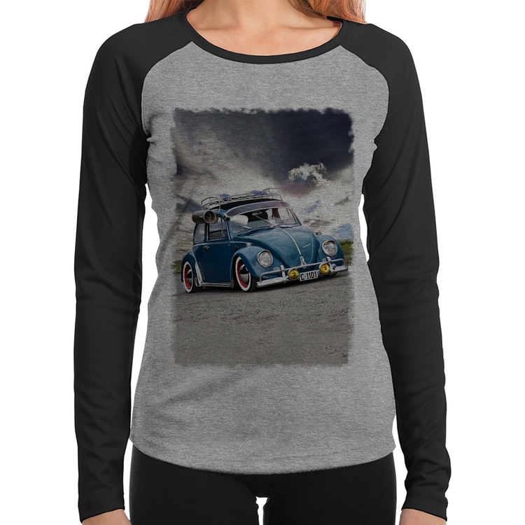 Baby Look Raglan Fusca Retrô Manga Longa - Cinza/Preto