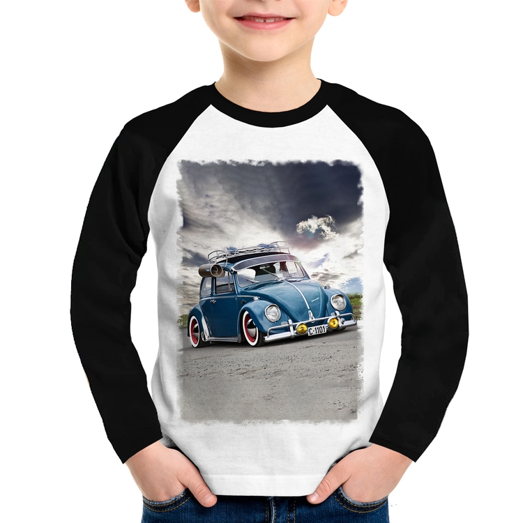 Camiseta Raglan Infantil Fusca Retrô Manga Longa