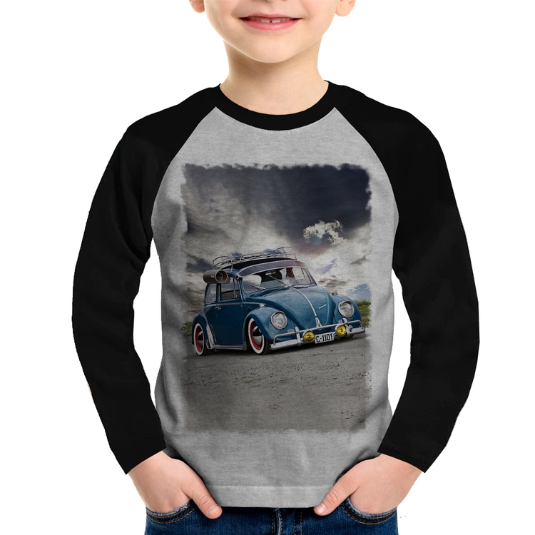 Camiseta Raglan Infantil Fusca Retrô Manga Longa - Cinza/Preto