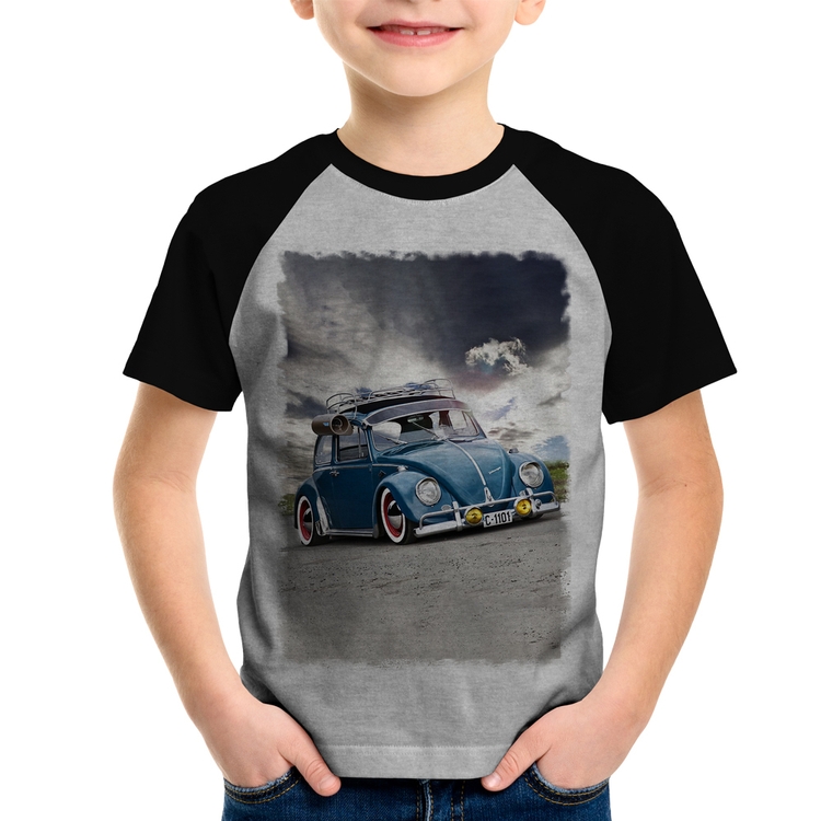 Camiseta Raglan Infantil Fusca Retrô - Cinza/Preto