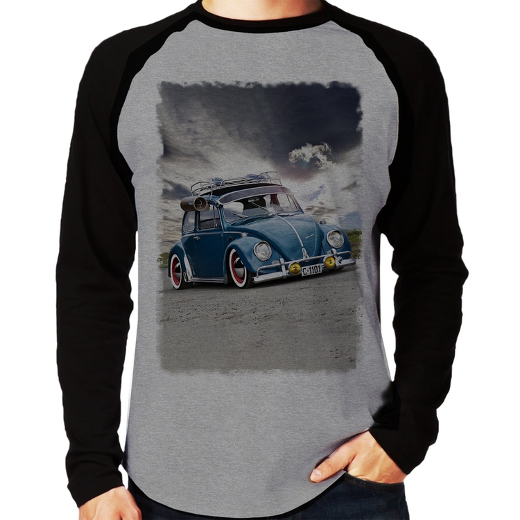 Camiseta Raglan Fusca Retrô Manga Longa - Cinza/Preto