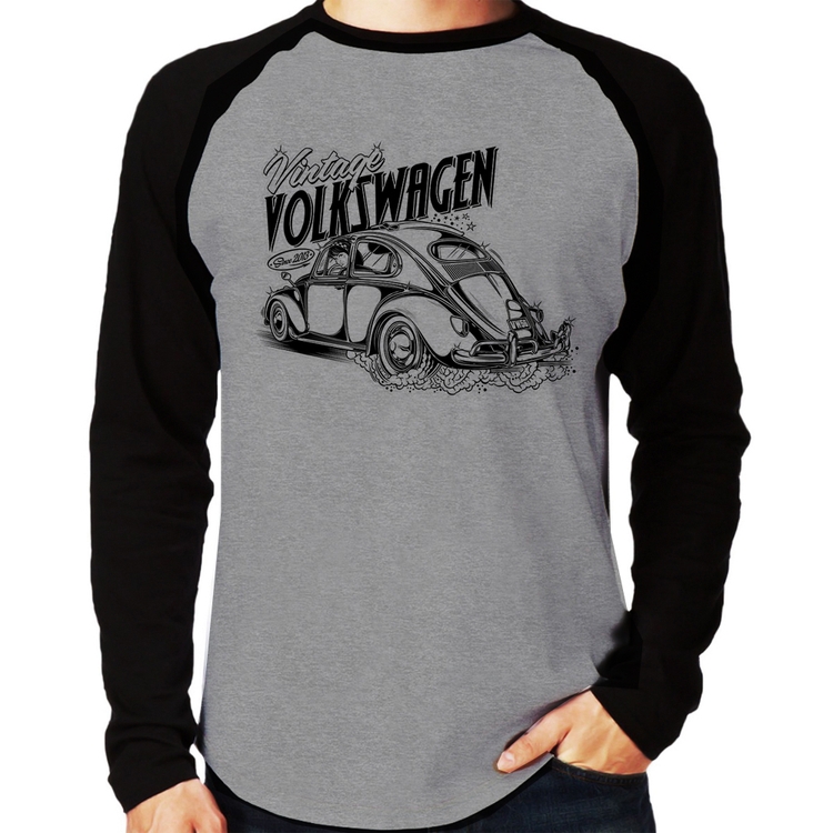 Camiseta Raglan Fusca Manga Longa - Cinza/Preto