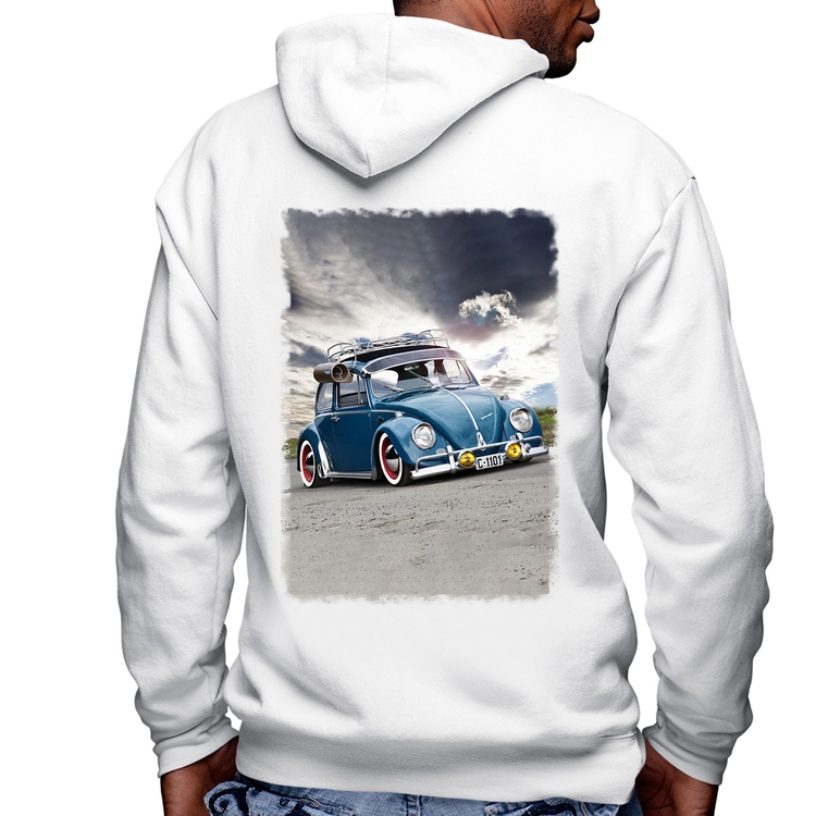 Blusa Moletom Fusca Retrô Masculina com Capuz e Zíper - Branca