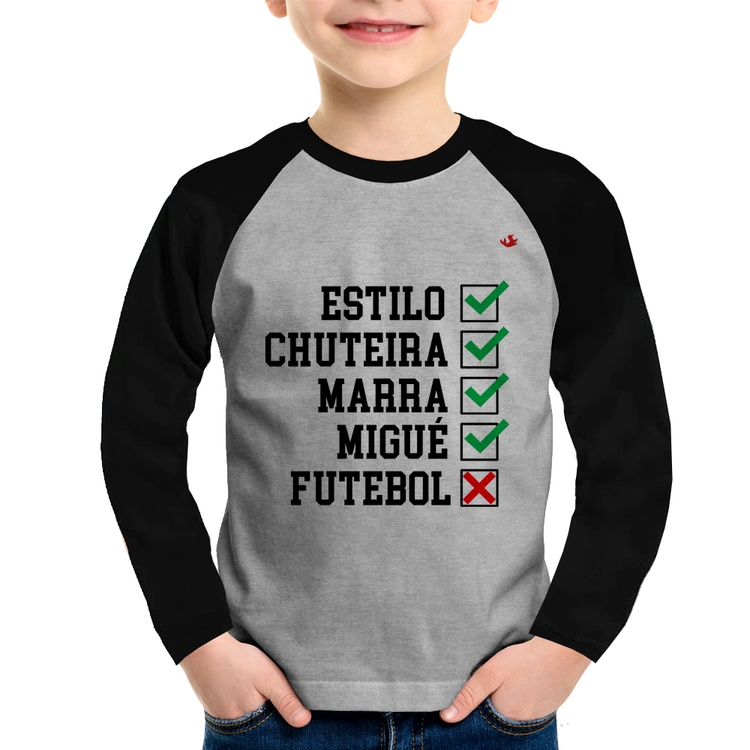 Camiseta Raglan Infantil Futebol que é bom, nada Manga Longa - Cinza/Preto