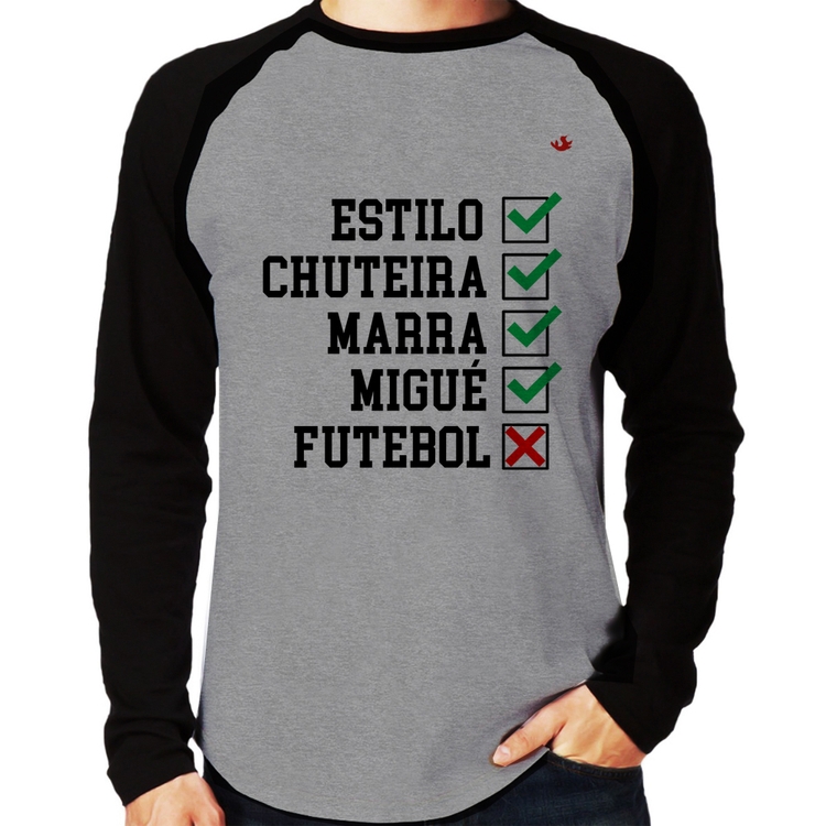Camiseta Raglan Futebol que é bom, nada Manga Longa - Cinza/Preto