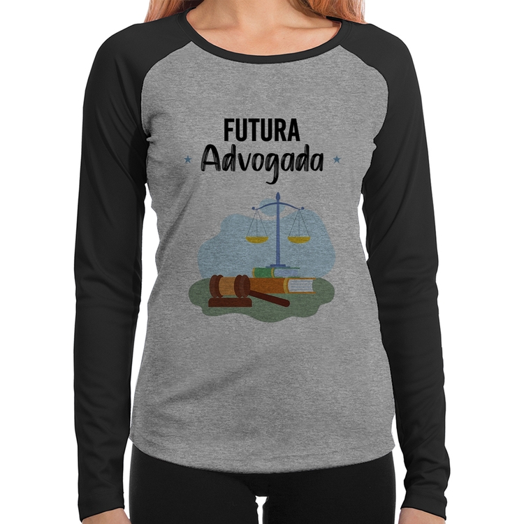 Baby Look Raglan Futura Advogada Manga Longa - Cinza/Preto