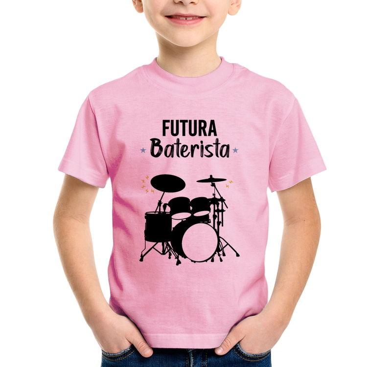 Camiseta Infantil Futura Baterista - Rosa Bebê