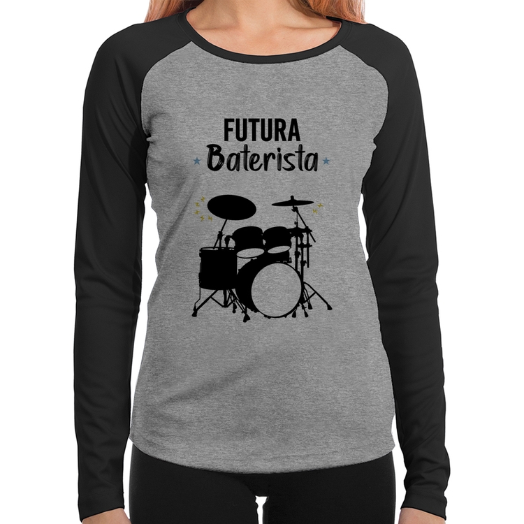 Baby Look Raglan Futura Baterista Manga Longa - Cinza/Preto