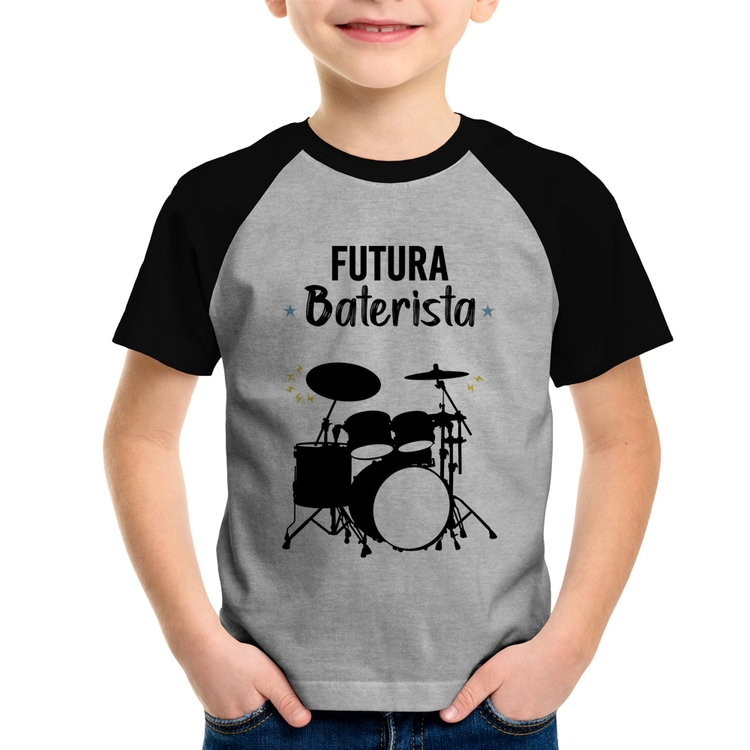 Camiseta Raglan Infantil Futura Baterista - Cinza/Preto